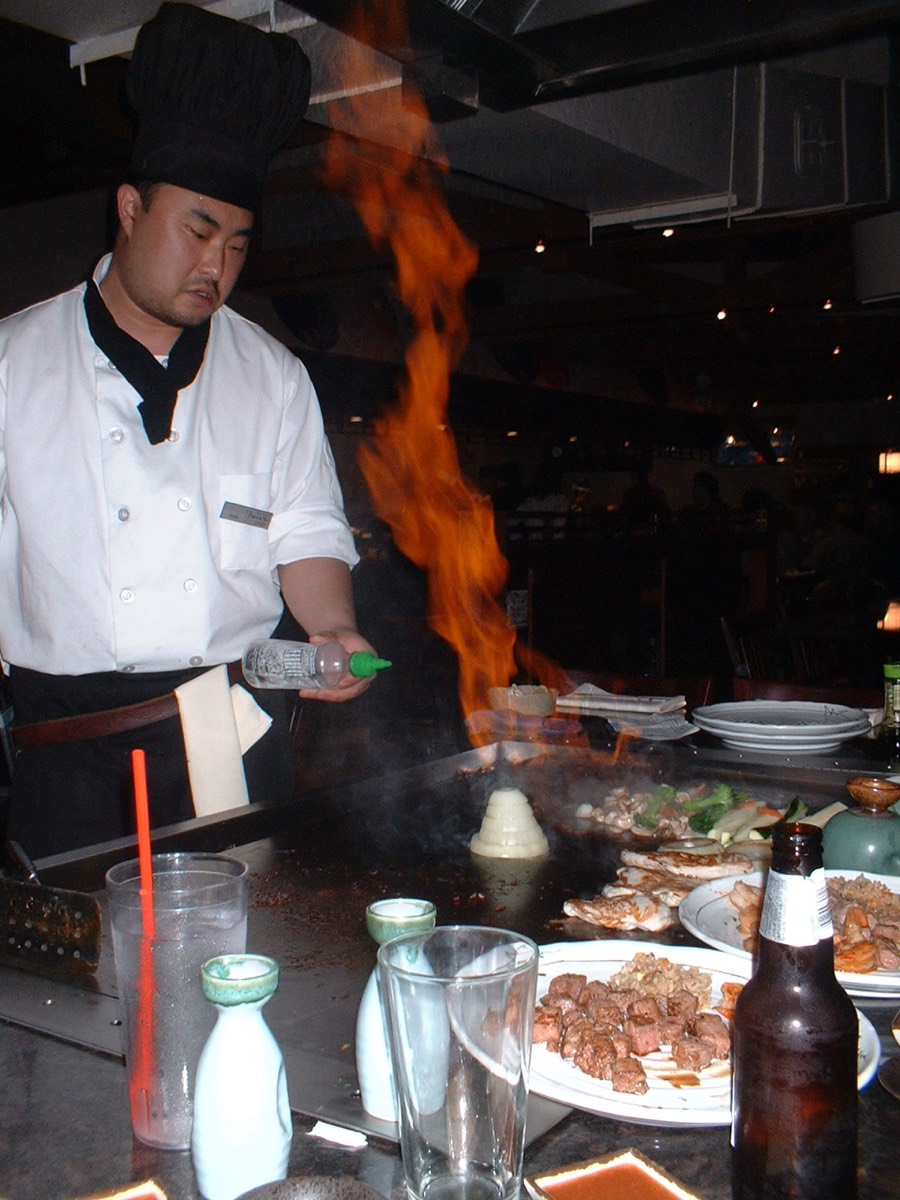 Flaming onion volcano at the hibachi grill
